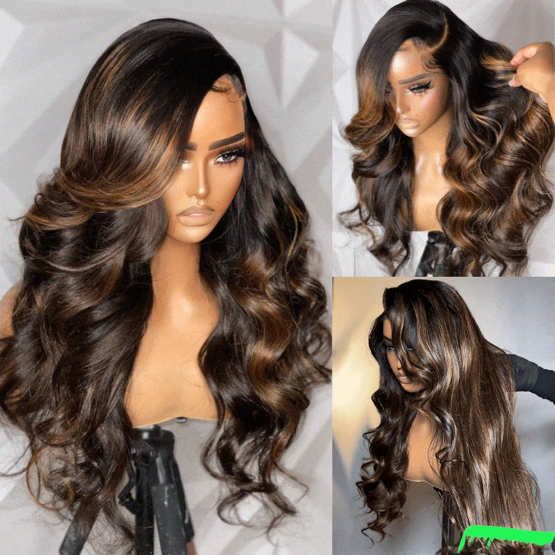 Klaiyi Ombre Brown Balayage Highlight Body Wave 7x5 Bye Bye Knots Wig Precolored Human Hair Lace Wig