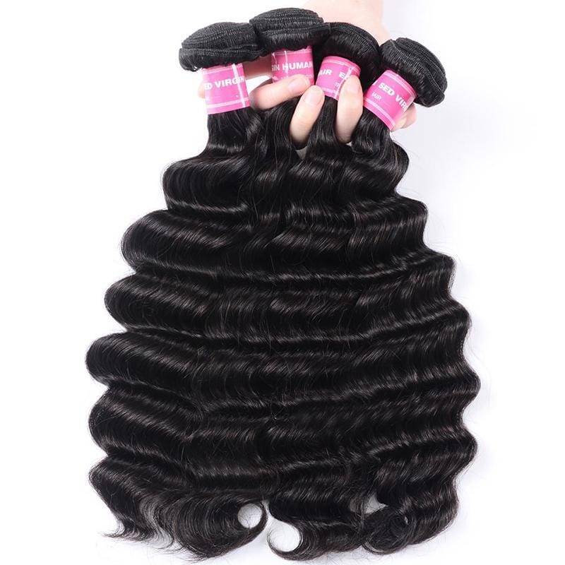 Klaiyi Loose Deep Wave Malaysian Virgin Hair 3 Bundles with 13*4 Ear to Ear Lace Closure