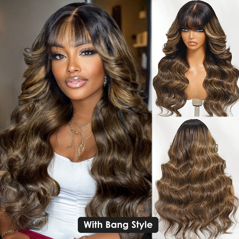 Klaiyi Ombre Brown Balayage Highlight Body Wave 7x5 Bye Bye Knots Wig Precolored Human Hair Lace Wig