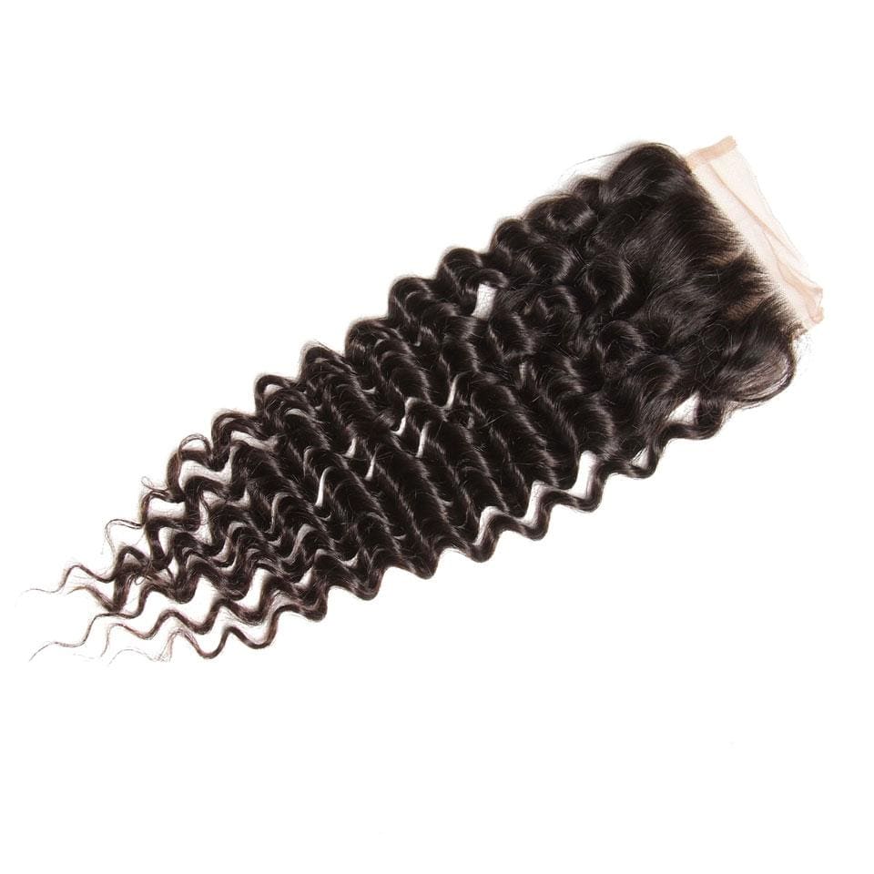 Klaiyi 4 Bundles Malaysian Deep Wave Curly Hair with 4*4 Lace Closure
