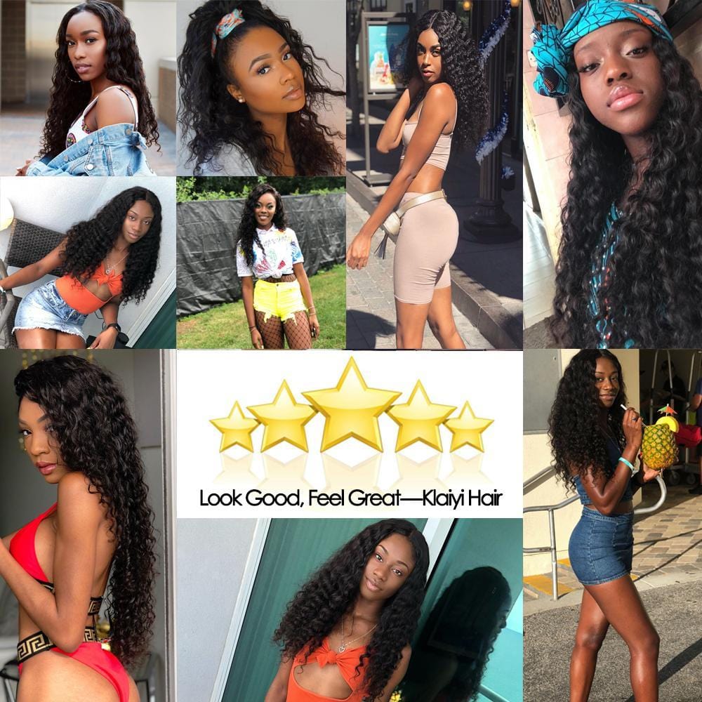 Klaiyi 4 Bundles Malaysian Deep Wave Curly Hair with 4*4 Lace Closure