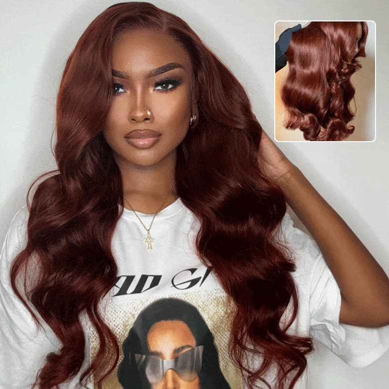 Klaiyi Brunette Auburn Copper 7x5 Pre everything Lace Frontal Wig Body Wave Virgin Human Hair Reddish Brown Color