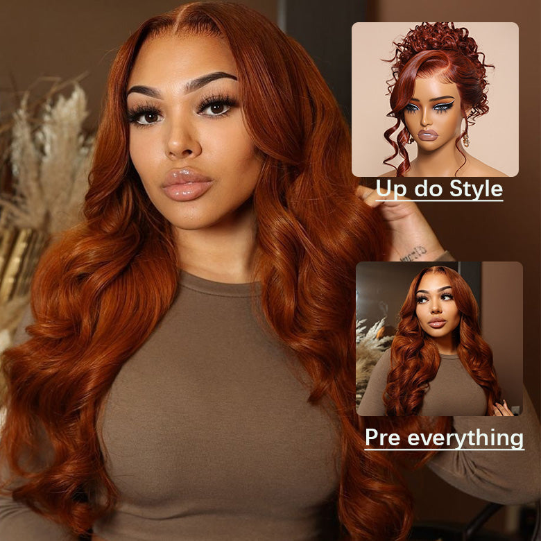 Klaiyi Brunette Auburn Copper 7x5 Pre everything Lace Frontal Wig Body Wave Virgin Human Hair Reddish Brown Color
