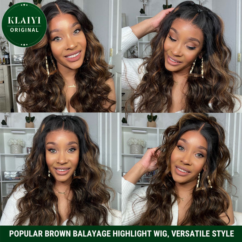$100 OFF | Code: SAVE100 Klaiyi Dark Root Brown Balayage Highlight 3D Body Wave Bye Bye Knots Wig