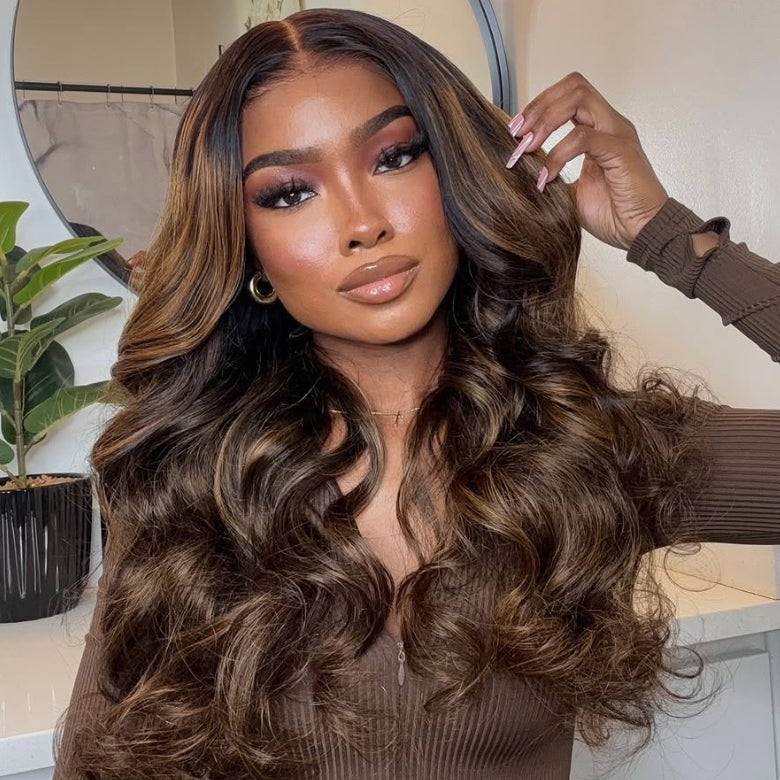 Klaiyi Ombre Brown Balayage Highlight Body Wave 7x5 Bye Bye Knots Wig Precolored Human Hair Lace Wig