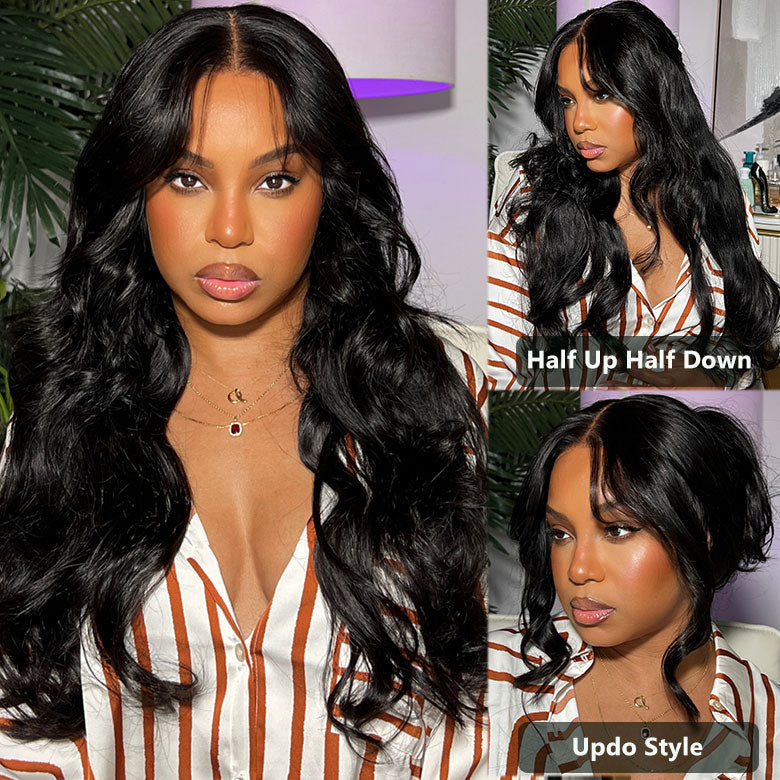 Klaiyi 13x4 3D Fluffy Body Wave Lace Frontal Wig with Curtain Bangs & Layers Pre everything Put on and Go Human Hair Wigs