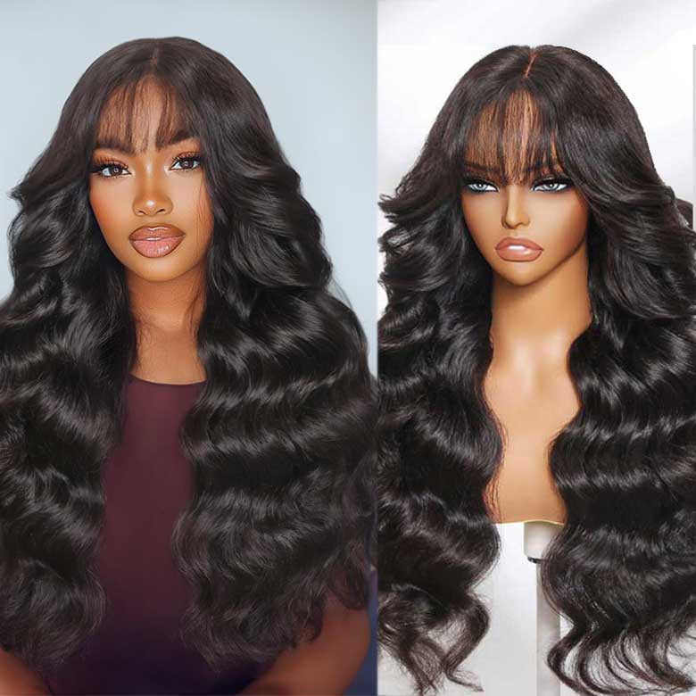 Klaiyi 13x4 3D Fluffy Body Wave Lace Frontal Wig with Curtain Bangs & Layers Pre everything Put on and Go Human Hair Wigs