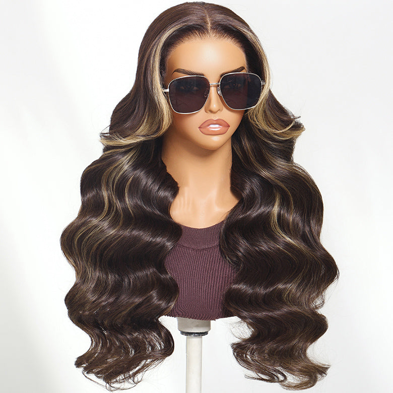 Klaiyi 7x5 Bye Bye Knots Chocolate Brown Highlight Body Wave with Face Framing Curtain Bangs