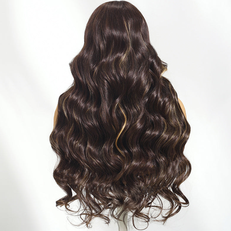 Klaiyi 7x5 Bye Bye Knots Chocolate Brown Highlight Body Wave with Face Framing Curtain Bangs
