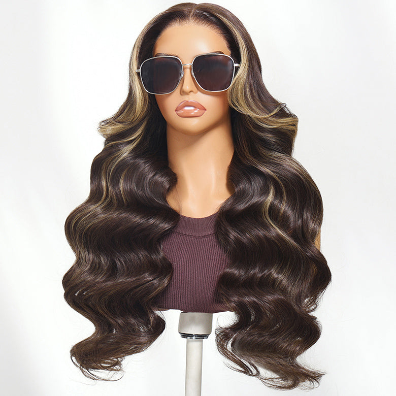 Klaiyi 7x5 Bye Bye Knots Chocolate Brown Highlight Body Wave with Face Framing Curtain Bangs