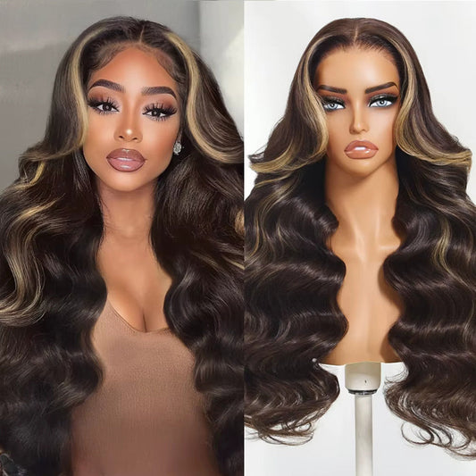 Klaiyi 7x5 Bye Bye Knots Chocolate Brown Highlight Body Wave with Face Framing Curtain Bangs