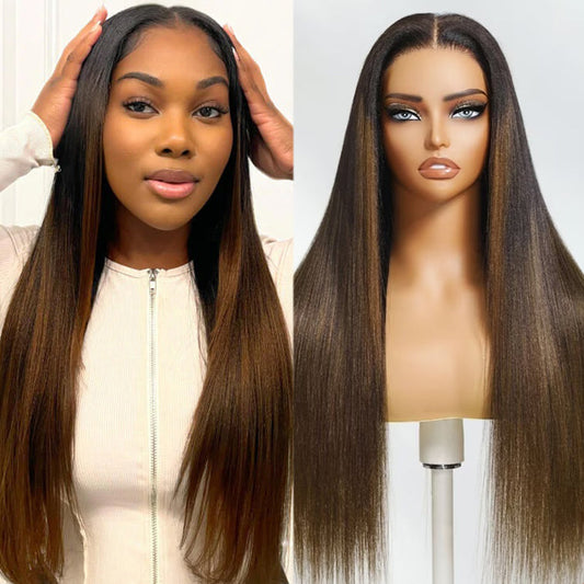 Klaiyi Ombre Chestnut Brown Yaki Straight Put On and Go Glueless Wig 7x5 Bye Bye Knots Lace Closure Human Hair Wigs with Invisi Drawstring