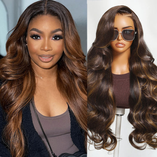 Klaiyi Mocha Brown Highlight Brown Body Wave Wig Chocolate Brown with Caramel Highlights 13x4 Pre everything Lace Front Wig