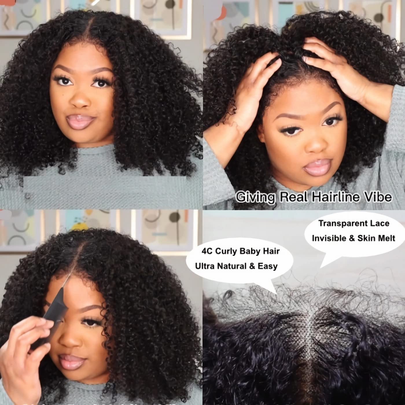 Klaiyi Kinky Curly 7x5 Bye Bye Knots Wigs with 4C Realistic Kinky Edge Bleached Knots Wig
