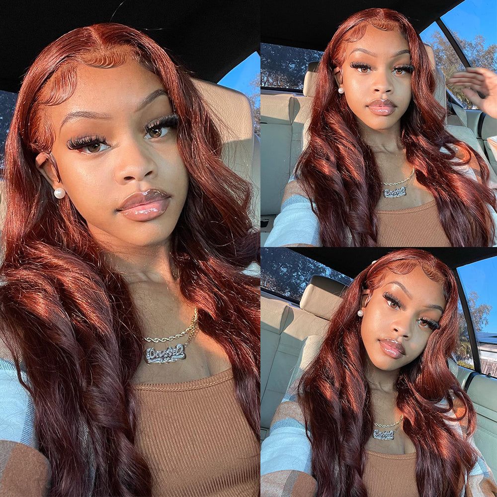 Klaiyi Brunette Auburn Copper 7x5 Pre everything Lace Frontal Wig Body Wave Virgin Human Hair Reddish Brown Color