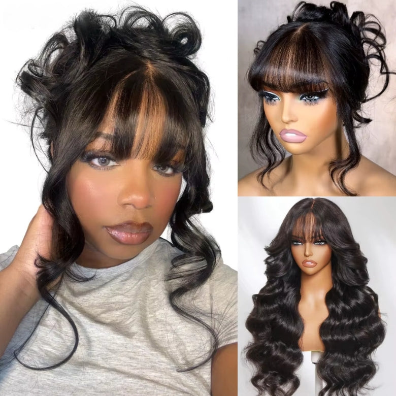 Klaiyi 13x4 /7x5 3D Fluffy Body Wave Lace Frontal Wig with Bangs & Layers Pre everything Wigs Human Hair Flash Sale
