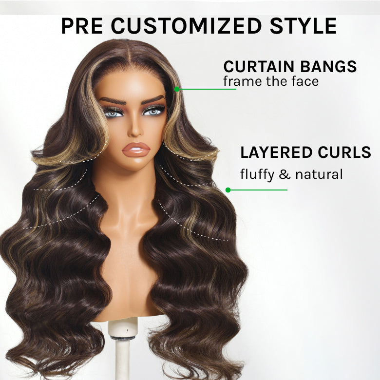 Klaiyi 7x5 Bye Bye Knots Chocolate Brown Highlight Body Wave with Face Framing Curtain Bangs