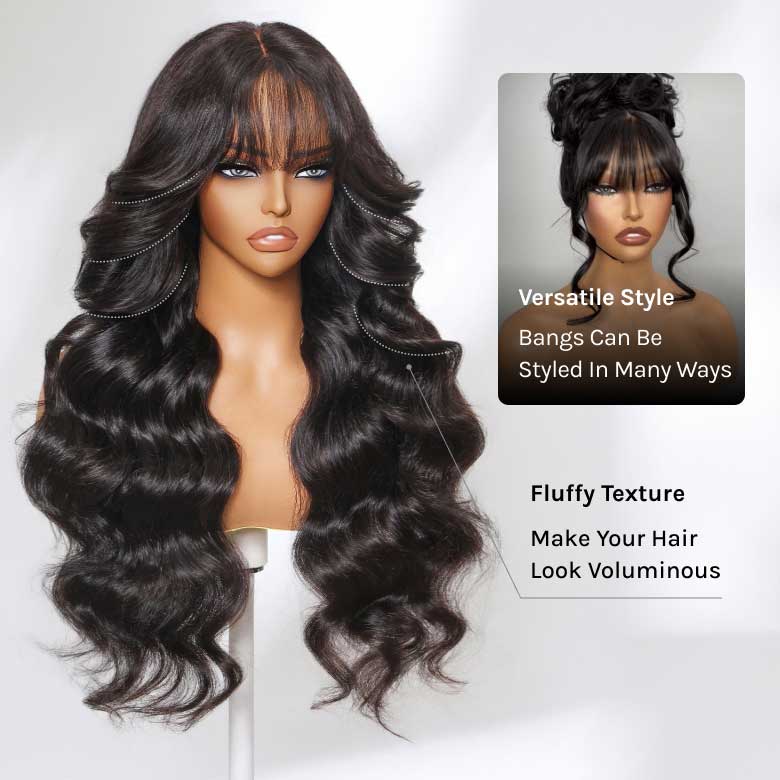 Klaiyi 13x4 3D Fluffy Body Wave Lace Frontal Wig with Curtain Bangs & Layers Pre everything Put on and Go Human Hair Wigs
